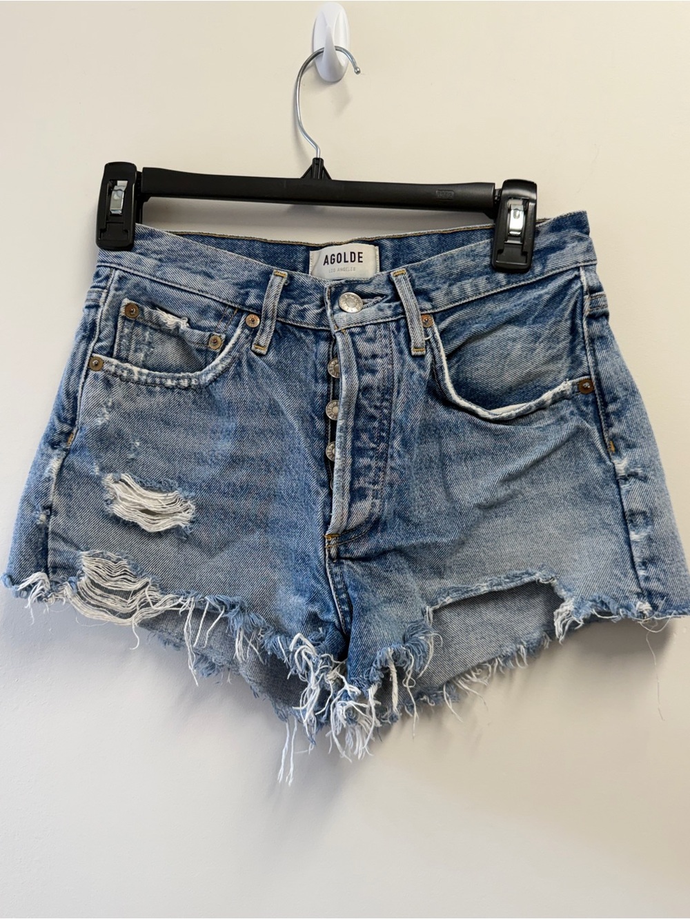 AGOLDE Blue Denim Cut Off Shorts Light Wash Button Fly 5-Pocket Solid 23